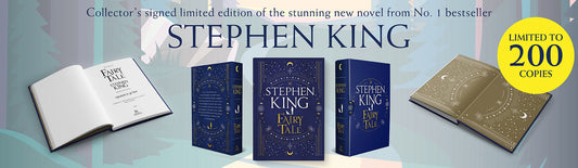 The special edition of Stephen King's Fairy Tale shown standing up against a blue graphic background. The book is also shown lying flat open to the title page and the endpapers