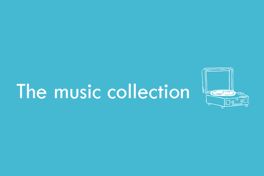 An illustration of a record player stands beside the title 'The music collection'