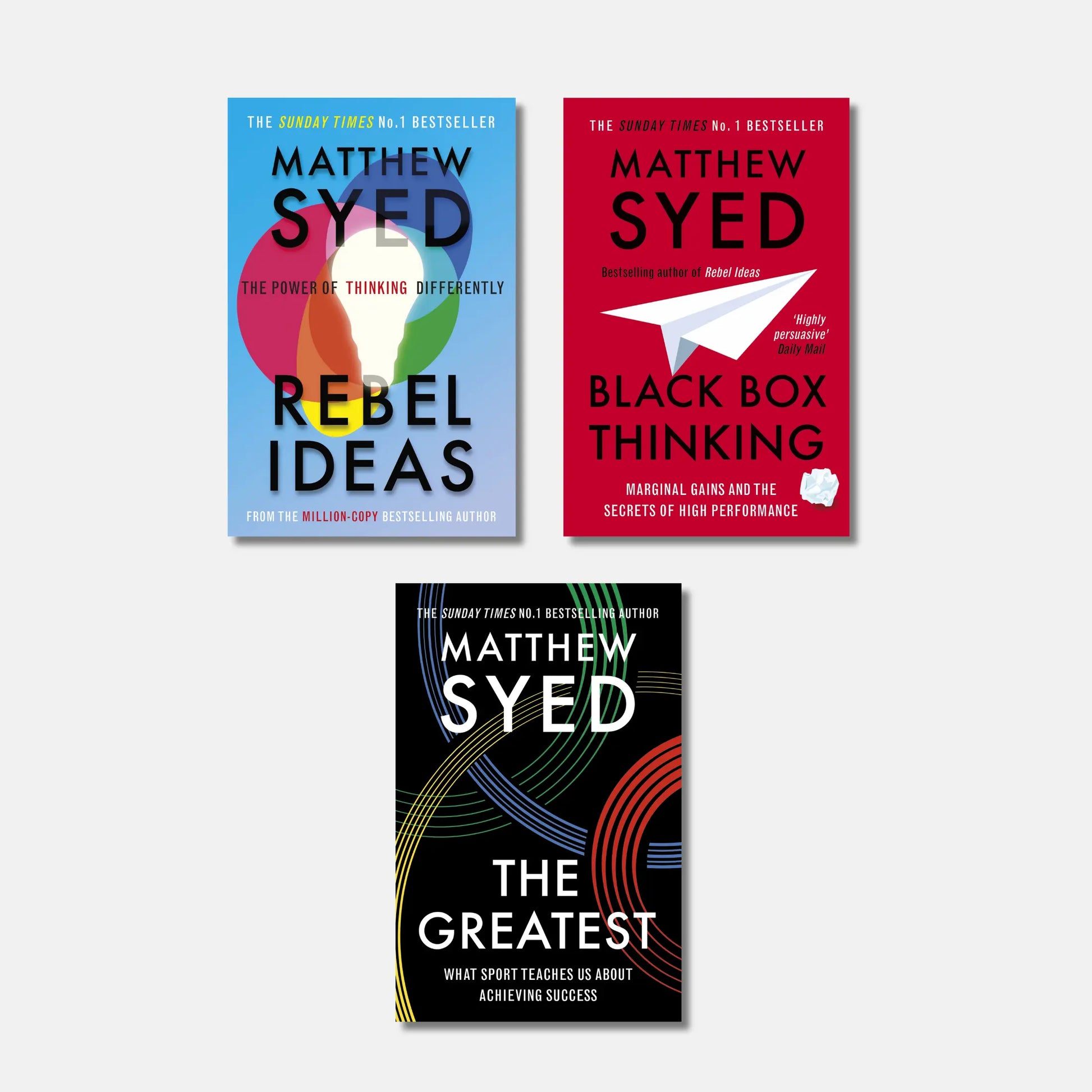 The covers of three Matthew Syed books: Rebel Ideas, Black Box Thinking and The Greatest